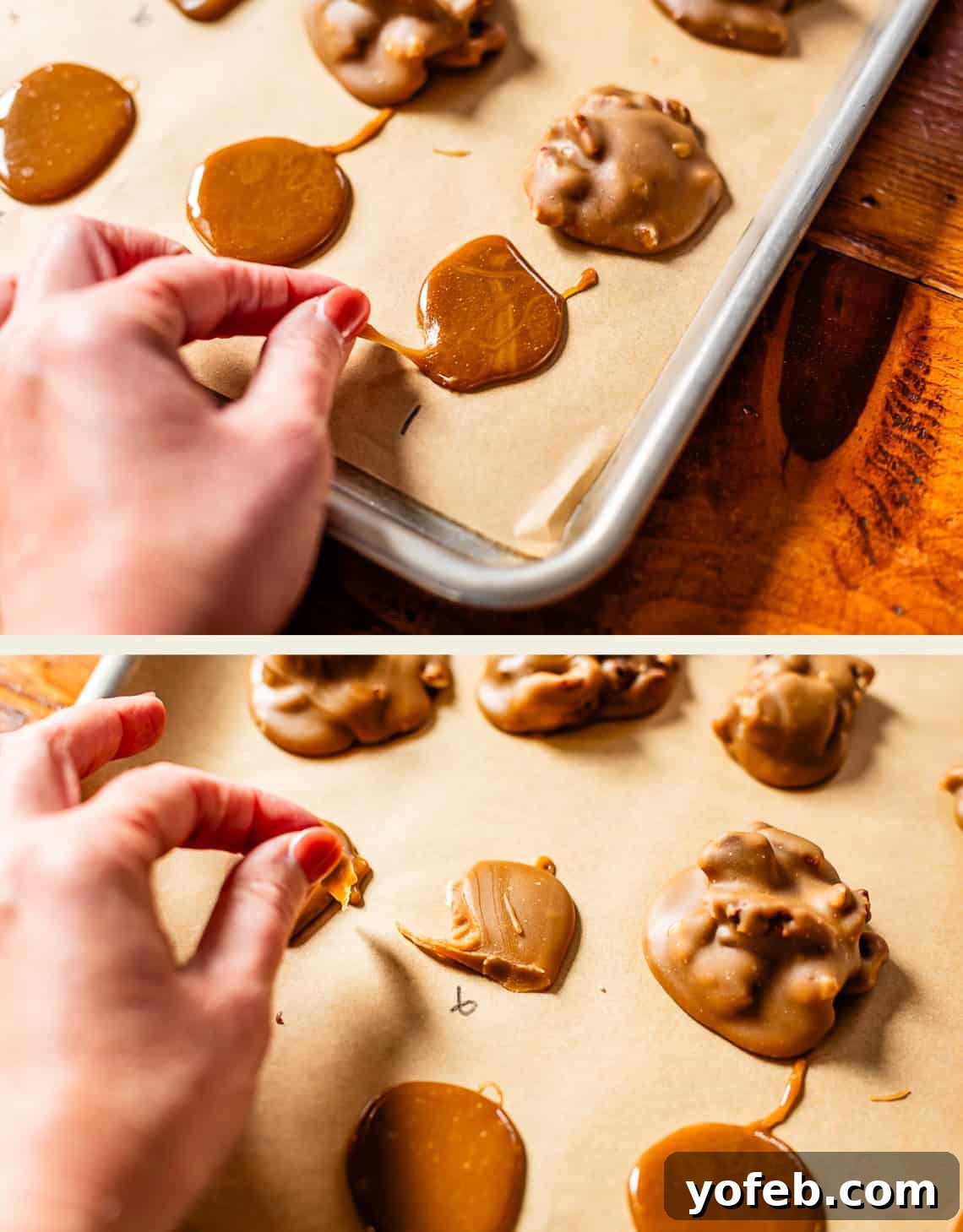 Buttery Pecan Bliss 18 A hand lifts caramel candies from a parchment-lined baking sheet. The top image shows several rounds of caramel and praline candies; the bottom image shows a hand peeling a candy off the parchment.