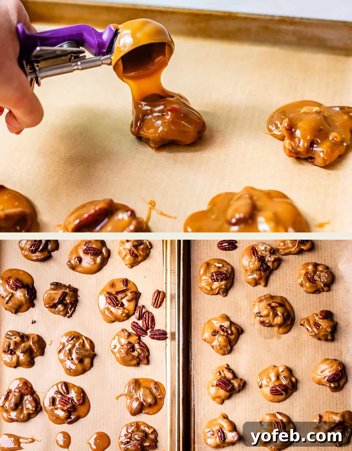 Buttery Pecan Bliss 19 A hand uses a scoop to drop caramel and pecan mixture onto a baking sheet. Below, multiple clusters of the caramel pecan candies rest on parchment, ready to set.