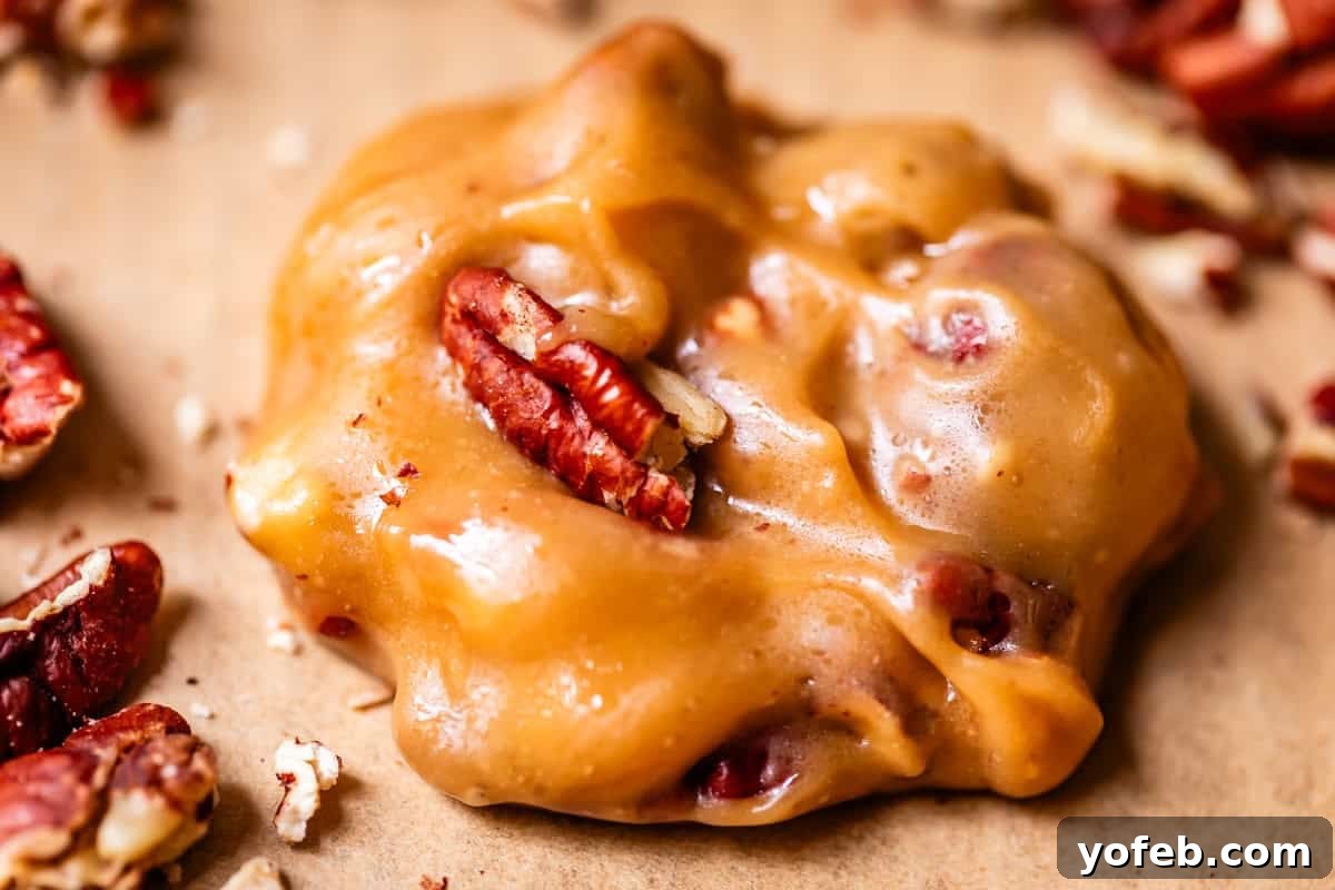 Buttery Pecan Bliss 22 A close-up of a golden brown pecan praline on parchment paper, with whole and chopped pecans visible in the creamy, glossy candy. Scattered pecan pieces surround the praline.