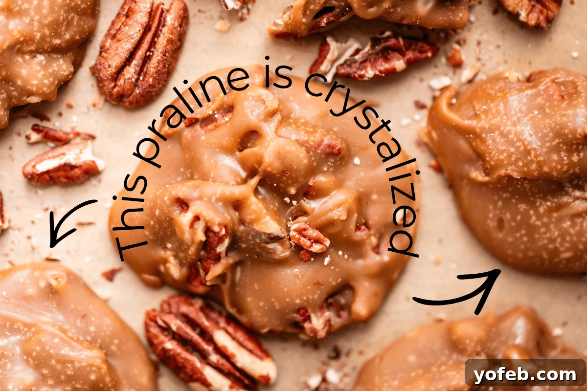 Buttery Pecan Bliss 5 Close-up of several pecan pralines on parchment paper, with text and arrows pointing to one praline that reads, This praline is crystalized.