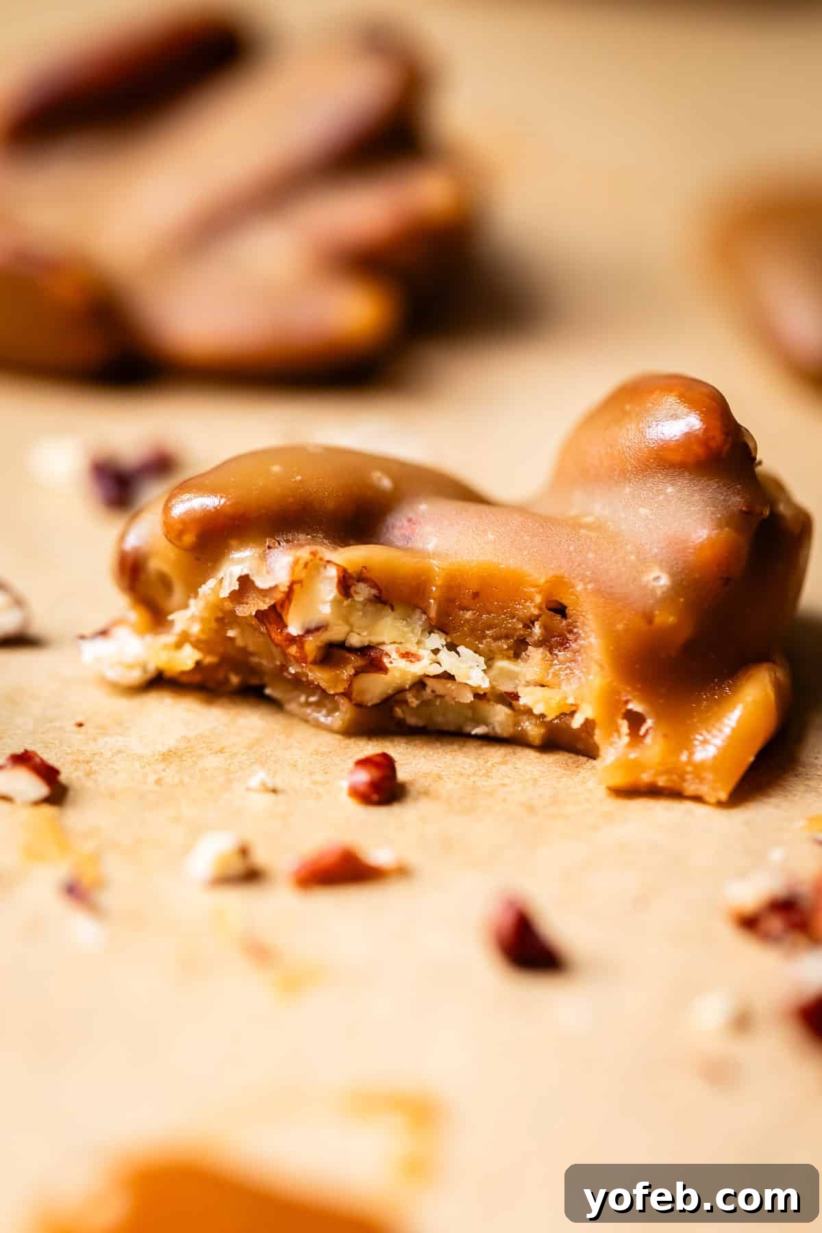 Buttery Pecan Bliss 6 A close-up of a pecan praline candy with a bite taken out, showing crunchy pecans and creamy caramel. Crumbled pecan pieces are scattered on a light, textured surface around the candy.