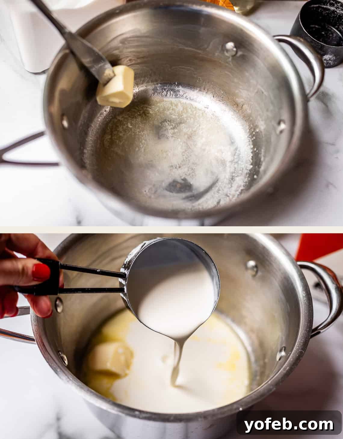 Buttery Pecan Bliss 9 Two photos: Top, a pat of butter melting in a metal pot; bottom, a hand pouring milk from a measuring cup into the same pot containing melted butter.