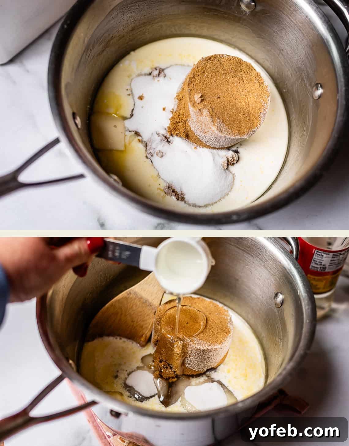 Buttery Pecan Bliss 10 Two images show a saucepan with butter, milk, white sugar, and brown sugar being combined. In the second image, a hand pours liquid from a measuring cup into the saucepan with the ingredients.