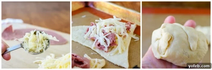 How to roll up and seal Reuben stuffed crescent rolls