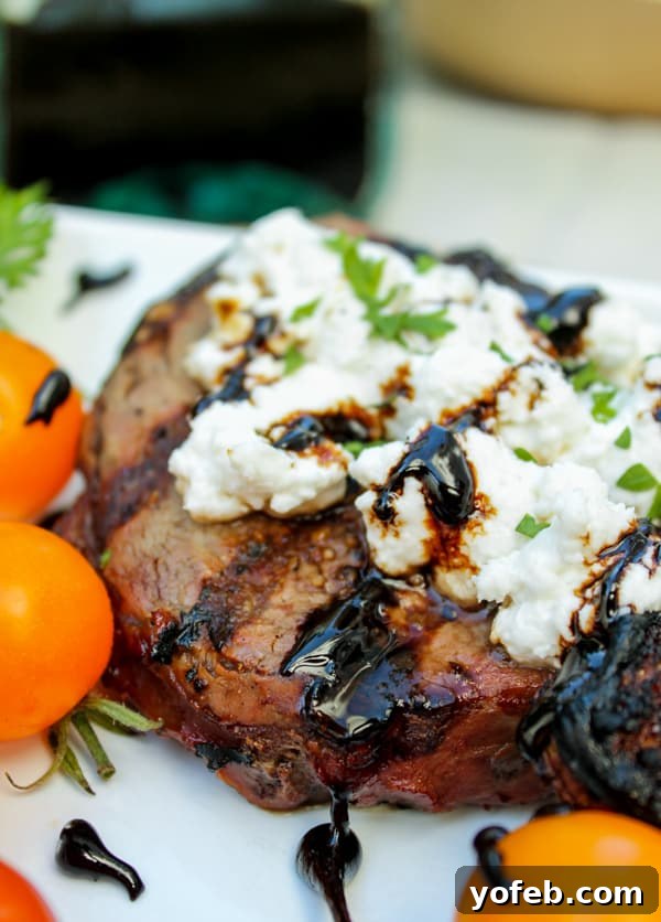 Seared Steak with Chevre and Balsamic Reduction 2 Goat Cheese Steak with Balsamic Glaze | TheFoodCharlatan.com // This easy grill recipe comes together in about 20 minutes!