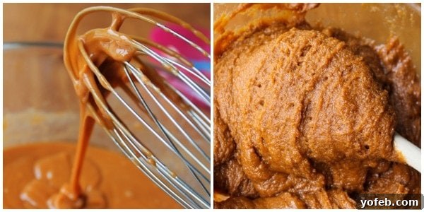 Process shots showing melted butterscotch and butter mixture on the left, and cake batter on the right