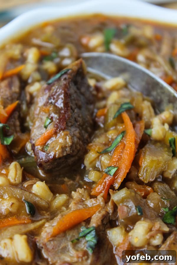 Beef Barley Soup (Slow Cooker) from The Food Charlatan. This soup is lovingly simmered on the stove or in the crock pot to produce the richest Beef Barley Soup recipe I've ever tasted. Shredded carrots and potatoes give it a fabulous, thick texture. #beef #soup #barley #crockpot #slowcooker #vegetable #healthy A close-up view of a large pot of Beef Barley Soup simmering on the stove, showcasing its rich texture and hearty ingredients.
