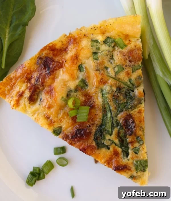 Savory Spinach and Bacon Frittata 4 Slice of bacon and cheese frittata with green onions.