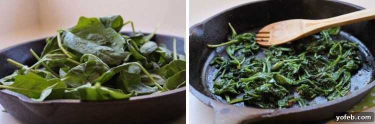 Savory Spinach and Bacon Frittata 5 Sautéing spinach in skillet.