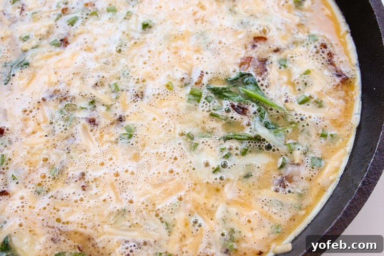 Savory Spinach and Bacon Frittata 7 Uncooked frittata in cast iron skillet.