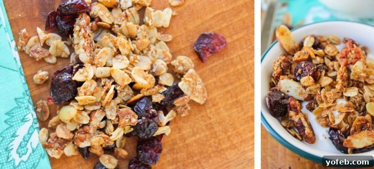 A delightful spread of maple pecan granola with pecans and dried cherries on a rustic wooden cutting board, accompanied by a bowl of granola with milk.