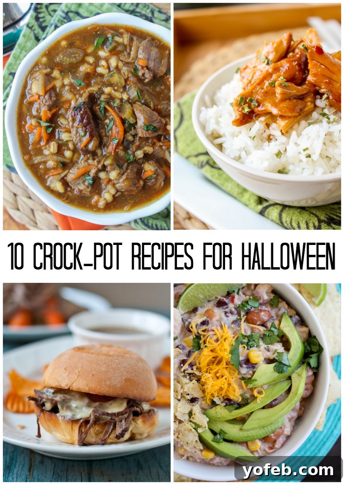 Set It and Forget It: 10 Crock Pot Halloween Feasts 2 A collage of 10 delicious and easy slow cooker meals perfect for a busy Halloween night, featuring various comforting dishes.