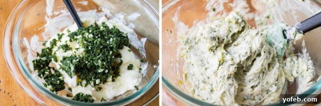 Herbal Roasted Turkey Delights 11 Softened butter being mixed with a finely chopped herb and garlic paste in a bowl, creating an aromatic sage butter.