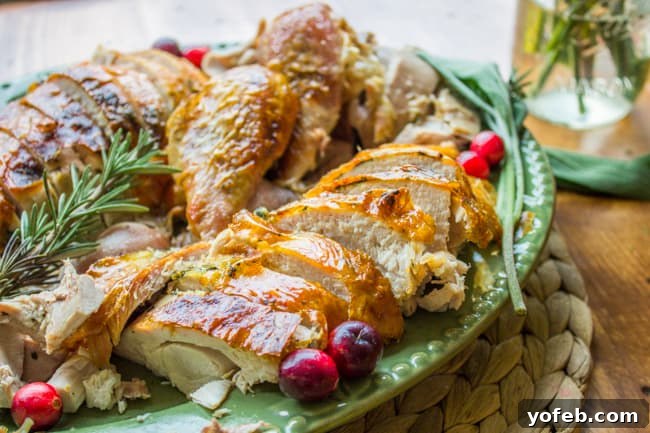 Herbal Roasted Turkey Delights 14 A beautifully carved roasted turkey, artfully arranged on a platter with fresh rosemary and bright cranberries, ready for a festive meal.