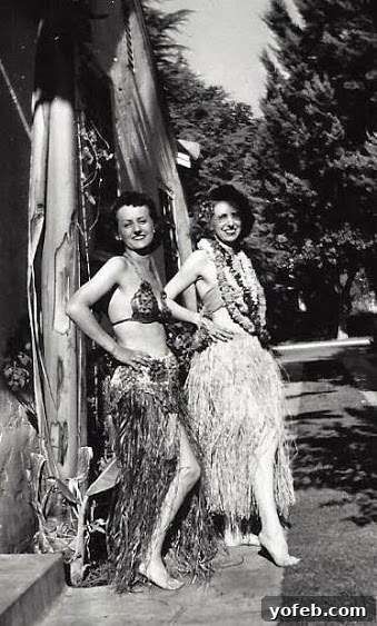 Herbal Roasted Turkey Delights 3 Historic photo of two military wives, Aunt Pauline and Grandma Georgia, in hula skirts and bras celebrating VJ Day in August 1945.