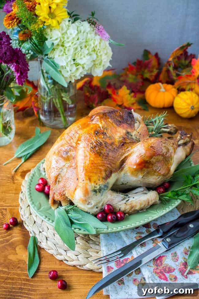 Herbal Roasted Turkey Delights 6 A magnificent herb-roasted turkey displayed on a platter, surrounded by autumnal flowers and decorative mini pumpkins, creating a festive holiday ambiance.