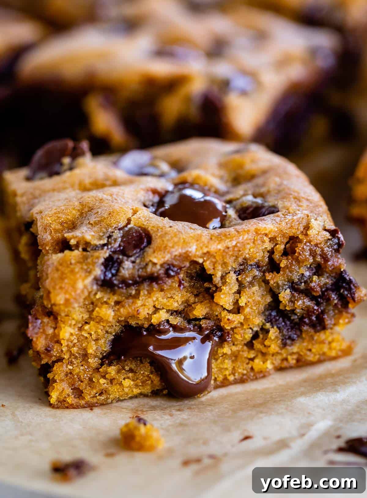 A slice of pumpkin blondie with chocolate oozing out the side, representing the rich indulgence of the bars.