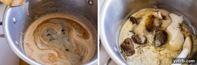 Golden Pumpkin Chocolate Chip Squares 7 Two images side by side: one showing perfectly browned butter, and the other showing sugars being stirred into melted butter in a saucepan.