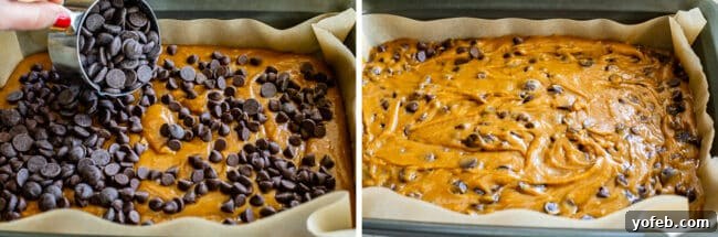Golden Pumpkin Chocolate Chip Squares 10 A hand sprinkling generous amounts of chocolate chips over the pumpkin bar batter in a pan, before gently folding them in.