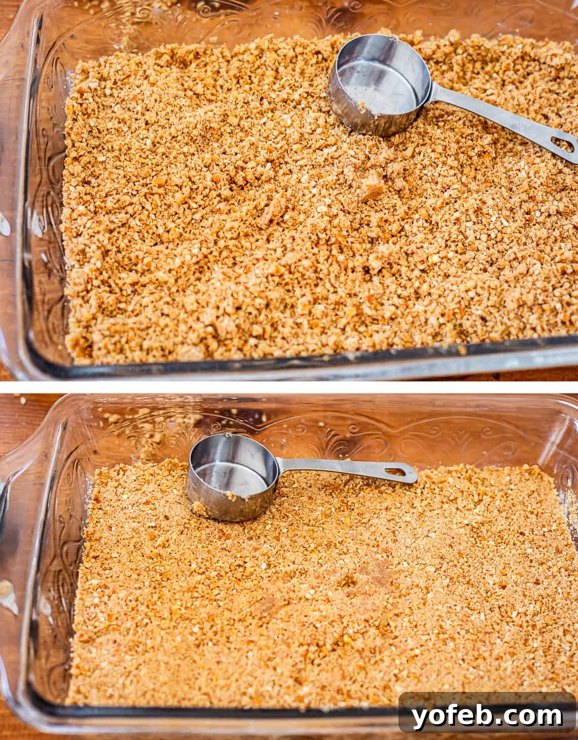 Sweet & Salty Pretzel Delight 10 crushed pretzel mixture pressed into a glass pan with a metal measuring cup.