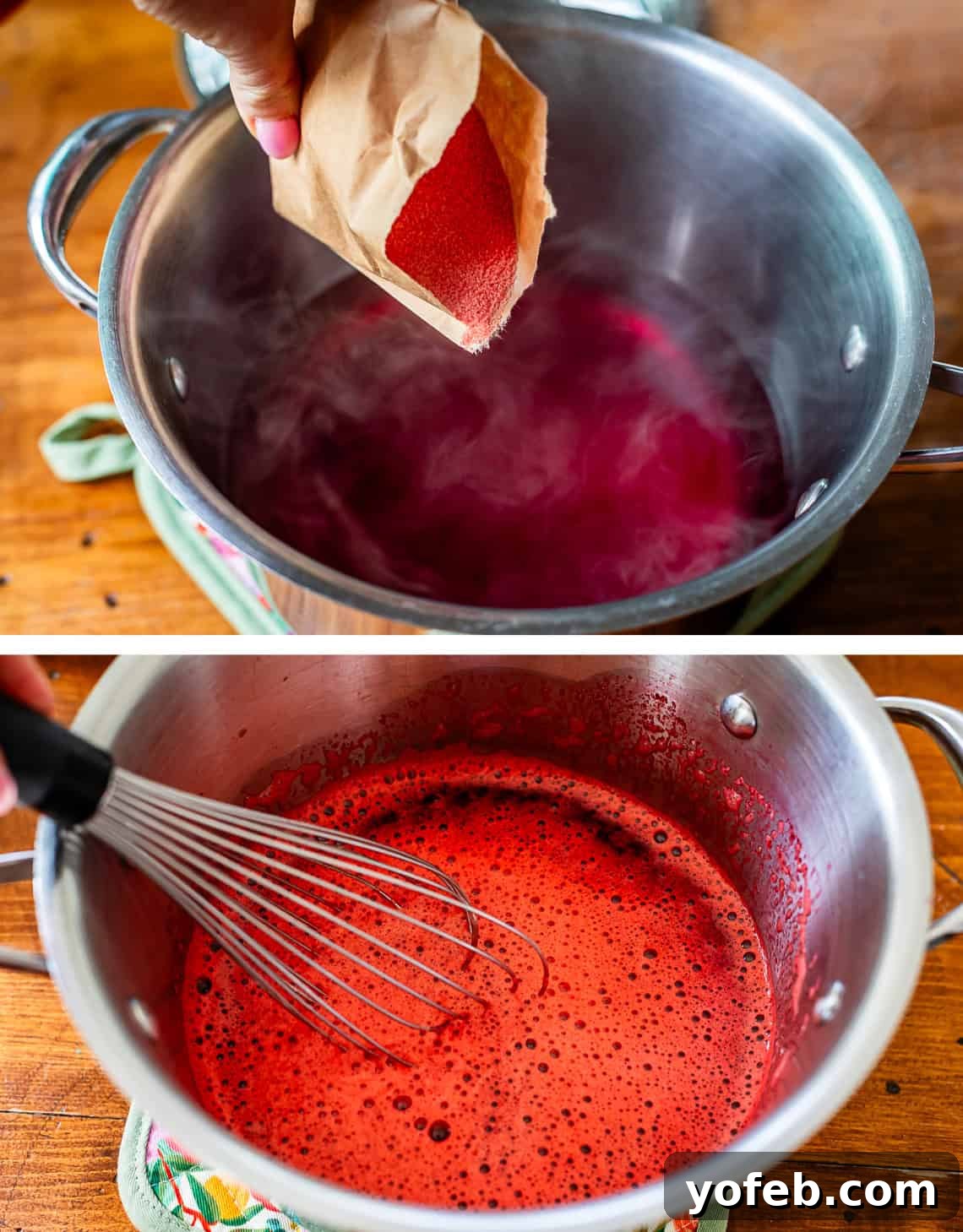 Sweet & Salty Pretzel Delight 14 pouring jello powder into a metal pot, whisking jello.