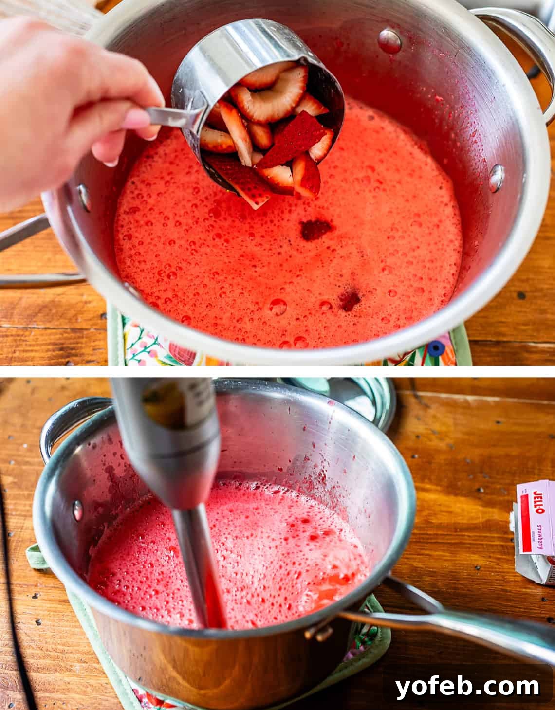 Sweet & Salty Pretzel Delight 15 adding strawberries to a pot of jello, using an immersion blender to combine the strawberries with the liquid jello.