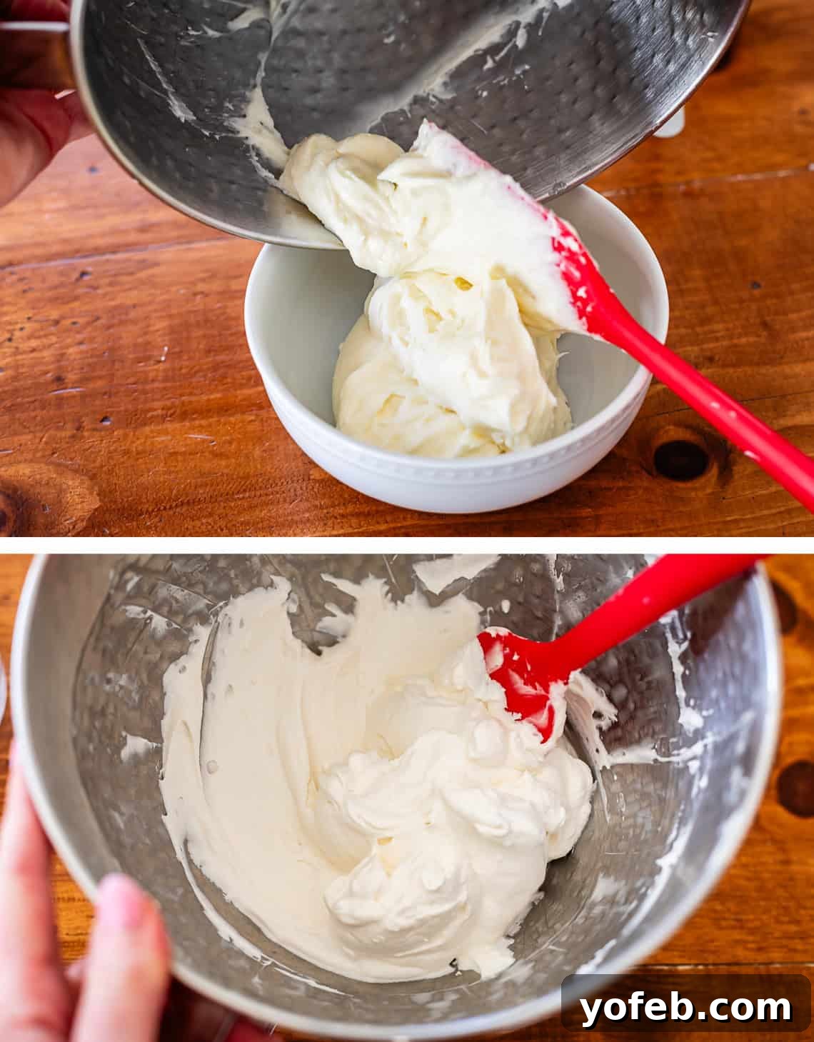 Sweet & Salty Pretzel Delight 12 adding cream cheese powdered sugar mixture to a small bowl, whipped cream in a stand mixer.