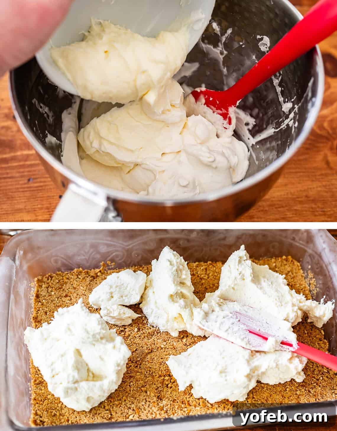Sweet & Salty Pretzel Delight 13 cream cheese whipped cream in a stand mixer, spreading it on pretzel crust in a glass pan.
