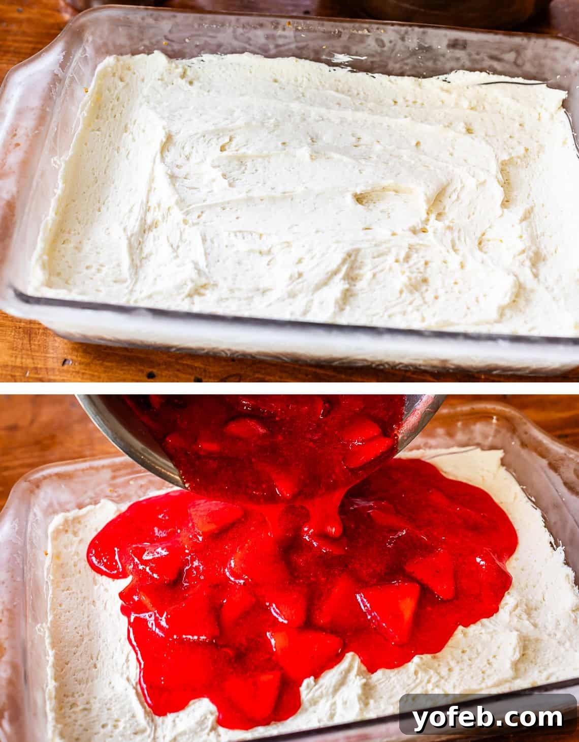 Sweet & Salty Pretzel Delight 17 cream cheese mixture spread in a pan, adding strawberry jello to the top of the pan.