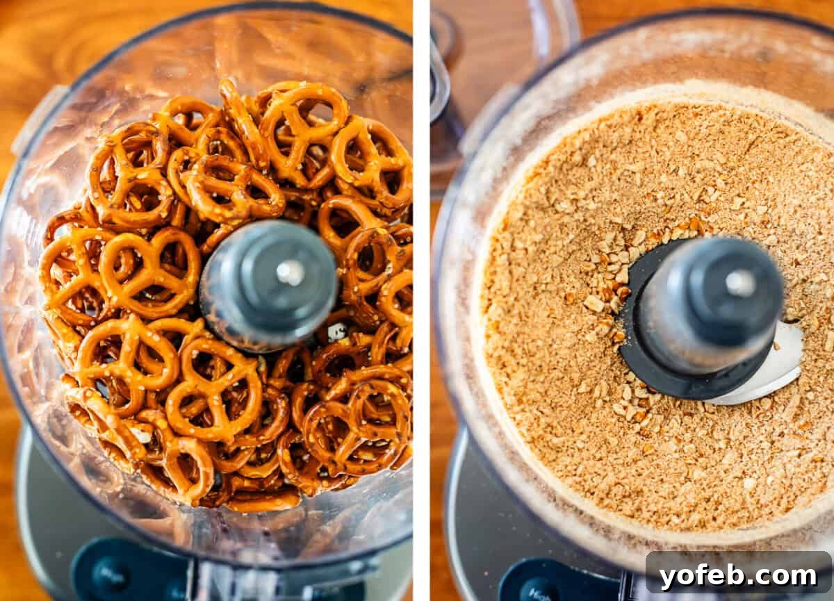 Sweet & Salty Pretzel Delight 7 pretzels in a food processor, crushed pretzels.