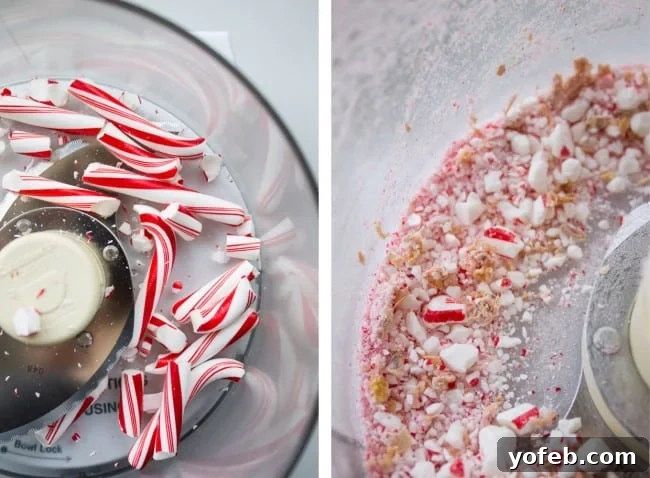 Crushed peppermint candy canes, an essential ingredient for holiday baking, highlighting the festive red and white colors.
