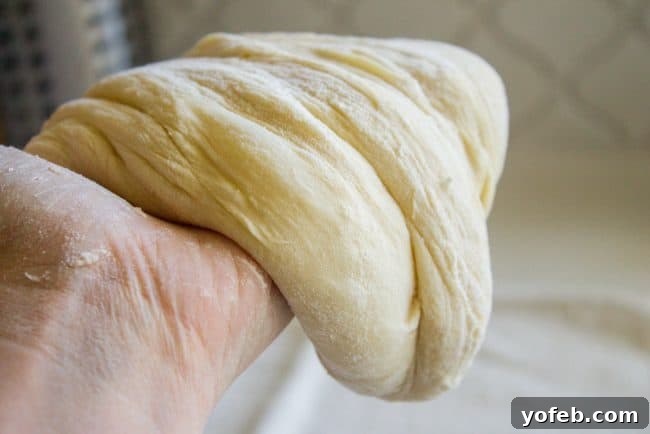 Working with Soft Dough Handling soft, sticky dough on a well-floured surface, showing the pliable texture needed for shaping.