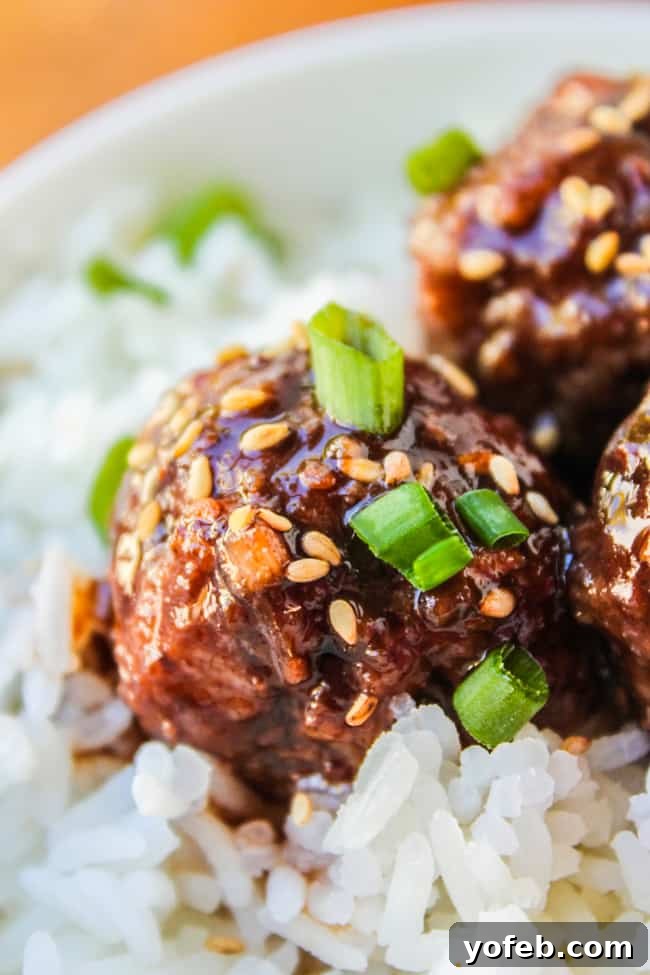 Close up of a delicious raspberry balsamic meatball served over rice with sesame seeds.