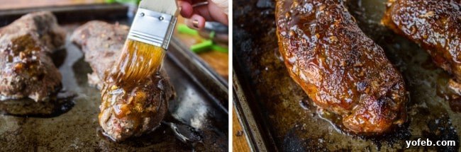 Savory Slow Cooker Asian Pork Tenderloin 5 brushing glaze on slow cooked pork tenderloin for broiling.
