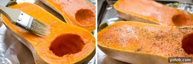 Roasted Butternut Squash Soup from The Food Charlatan. Showing how to prepare butternut squash for roasting, halved and seasoned. #butternutsquash #roasted #squash #fallrecipes #healthy Brushing melted butter and seasoning with salt and pepper on halved butternut squash placed cut-side-up on a foil-lined baking sheet, ready for roasting.