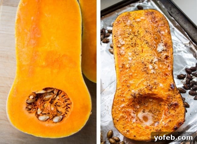 Roasted Butternut Squash Soup from The Food Charlatan. Before and after roasting for the perfect texture and flavor. #butternutsquash #roasted #squash #fallrecipes #healthy A visual comparison of butternut squash halves before and after roasting, showcasing the golden-brown, tender texture achieved by the roasting process.