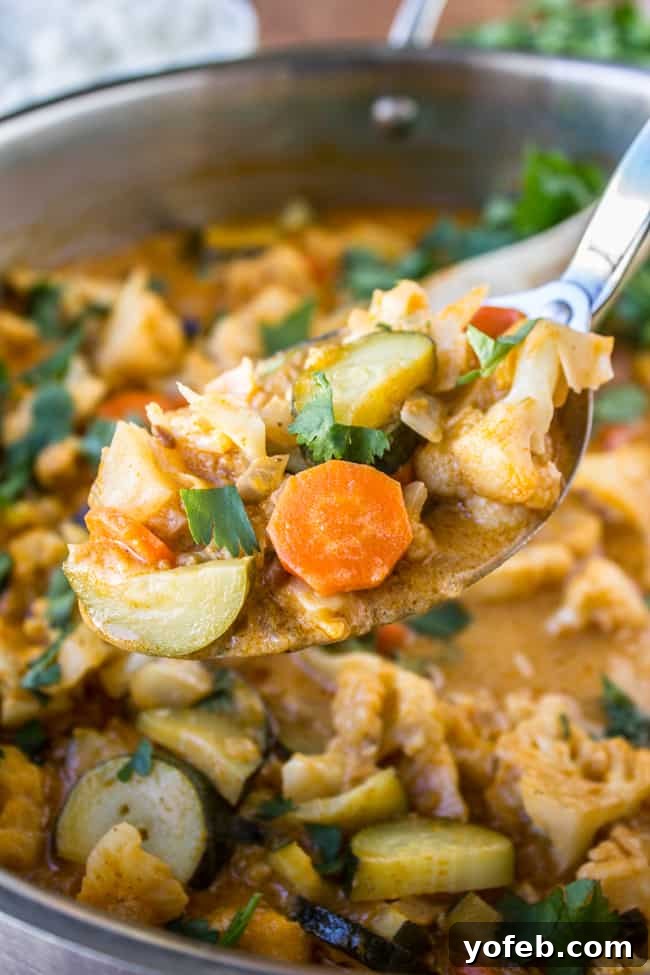 Effortless 6-Ingredient One-Pot Vegetable Curry 4 A spoonful of delicious vegetable curry being lifted from the pot, showing tender vegetables coated in a rich, creamy sauce.