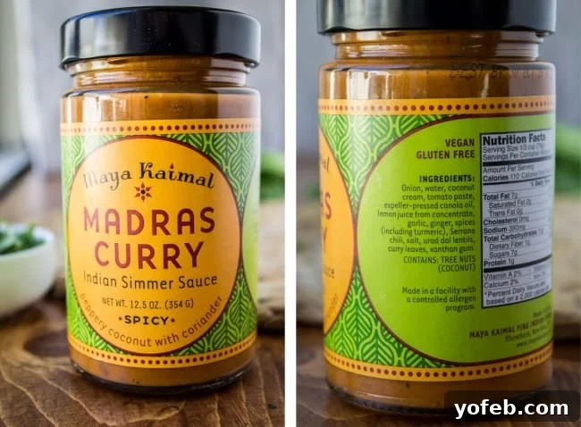 Effortless 6-Ingredient One-Pot Vegetable Curry 5 A jar of Madras curry simmer sauce, illustrating the key shortcut ingredient for an easy Indian-inspired meal.