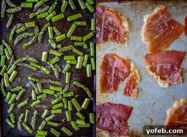 Nutty Brown Butter Gnocchi with Crisp Asparagus 8 Separated raw asparagus on one baking sheet and crispy baked prosciutto on another, ready for assembly.