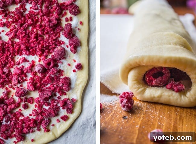Sweet roll dough rolled out and covered with raspberry filling, ready to be rolled into a log.