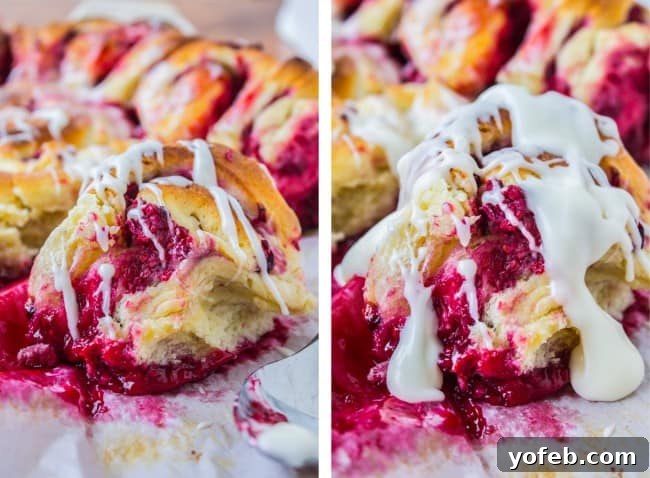 Comparison of frosting levels on Raspberry Sweet Rolls: a modest drizzle on the left, an indulgent spread on the right.
