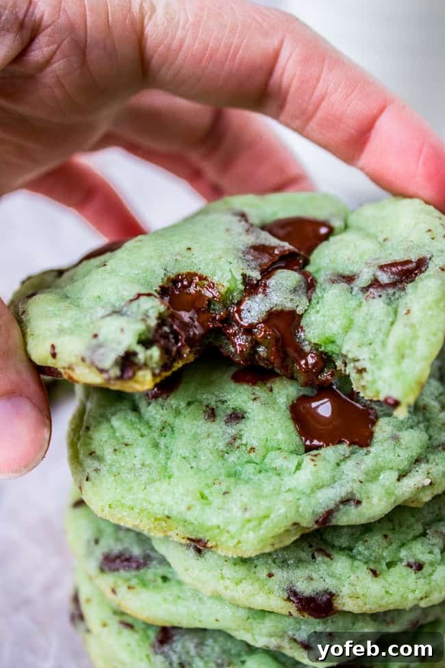 Gooey Mint Chocolate Chip Cookies: Crisp edges, tender center, packed with flavor. Stack of warm, gooey Mint Chocolate Chip Cookies with a hand reaching for one, perfect for any occasion.
