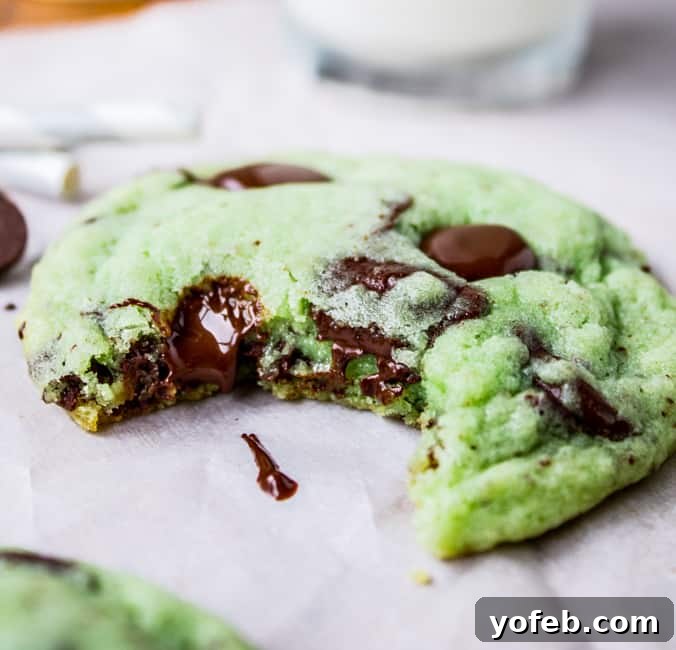 A perfect bite: Chewy Mint Chocolate Chip Cookie perfection. Mint Chocolate Chip Cookie with a bite taken out, revealing its soft, chewy texture.