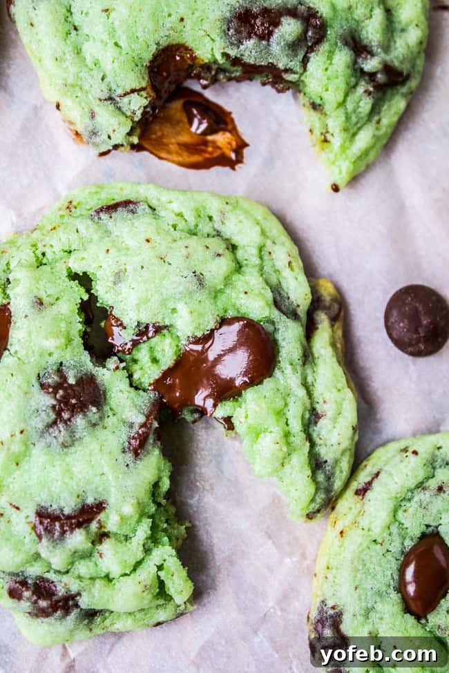 Indulge in the perfect blend of mint and chocolate. Two vibrant green Mint Chocolate Chip Cookies, one broken in half to show the chocolate inside.