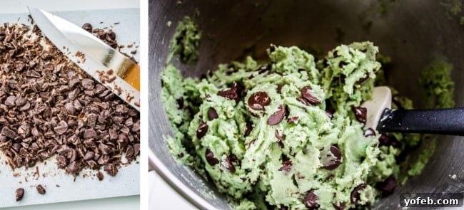 The secret to rich chocolate flavor: chopped chips. Chopping dark chocolate chips for cookie dough to ensure flavor in every bite.