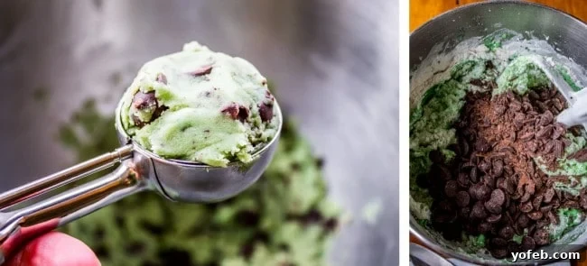 Ensuring chocolate in every minty bite. Adding chopped and whole dark chocolate chips to green mint cookie dough.