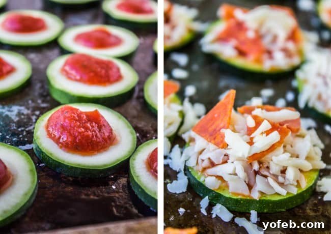 Mini Zucchini Pizzas 6 Uncooked zucchini slices topped with sauce and cheese, prepped for broiling