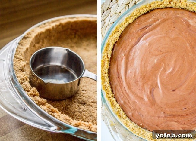 Golden Honey Chocolate Cloud 7 Pressing graham cracker crust into a pie plate using a measuring cup