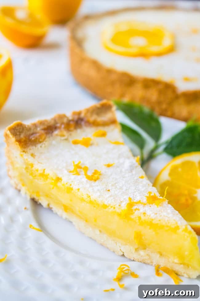 Bright Meyer Lemon Curd Tart on a Golden Shortbread Crust 2 A perfectly sliced Meyer lemon tart resting on a pristine white plate, showcasing its golden curd filling and rustic shortbread crust.