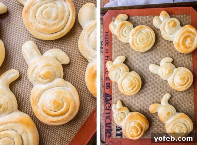 Pillowy Easter Bunny Dinner Rolls 5 Easter Bunny Dinner Rolls baking in a pan, spread out to avoid crowding and ensure even cooking.